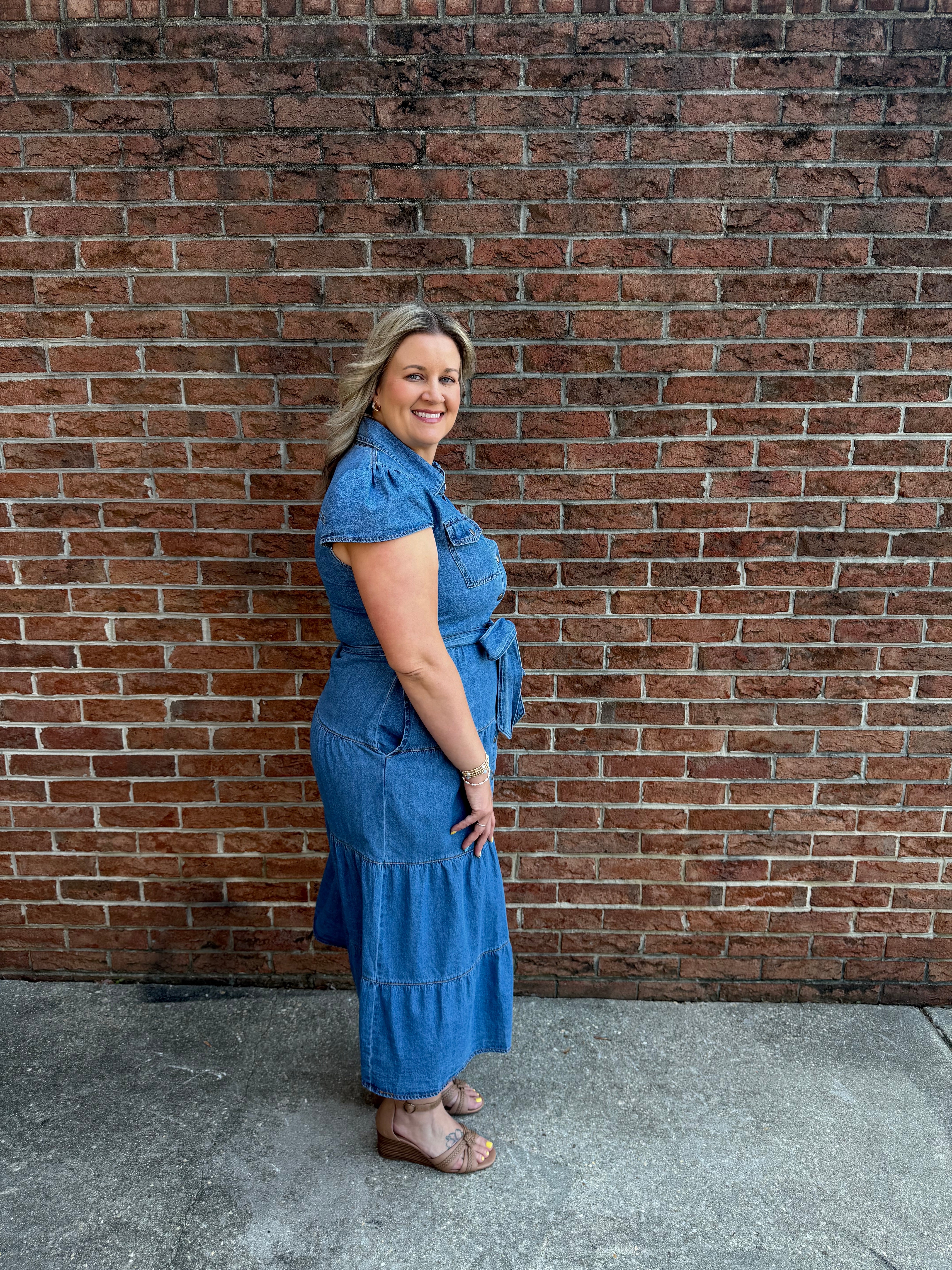 knee length dresses for ladies Plus Button Down Checkered Denim Midi Dress