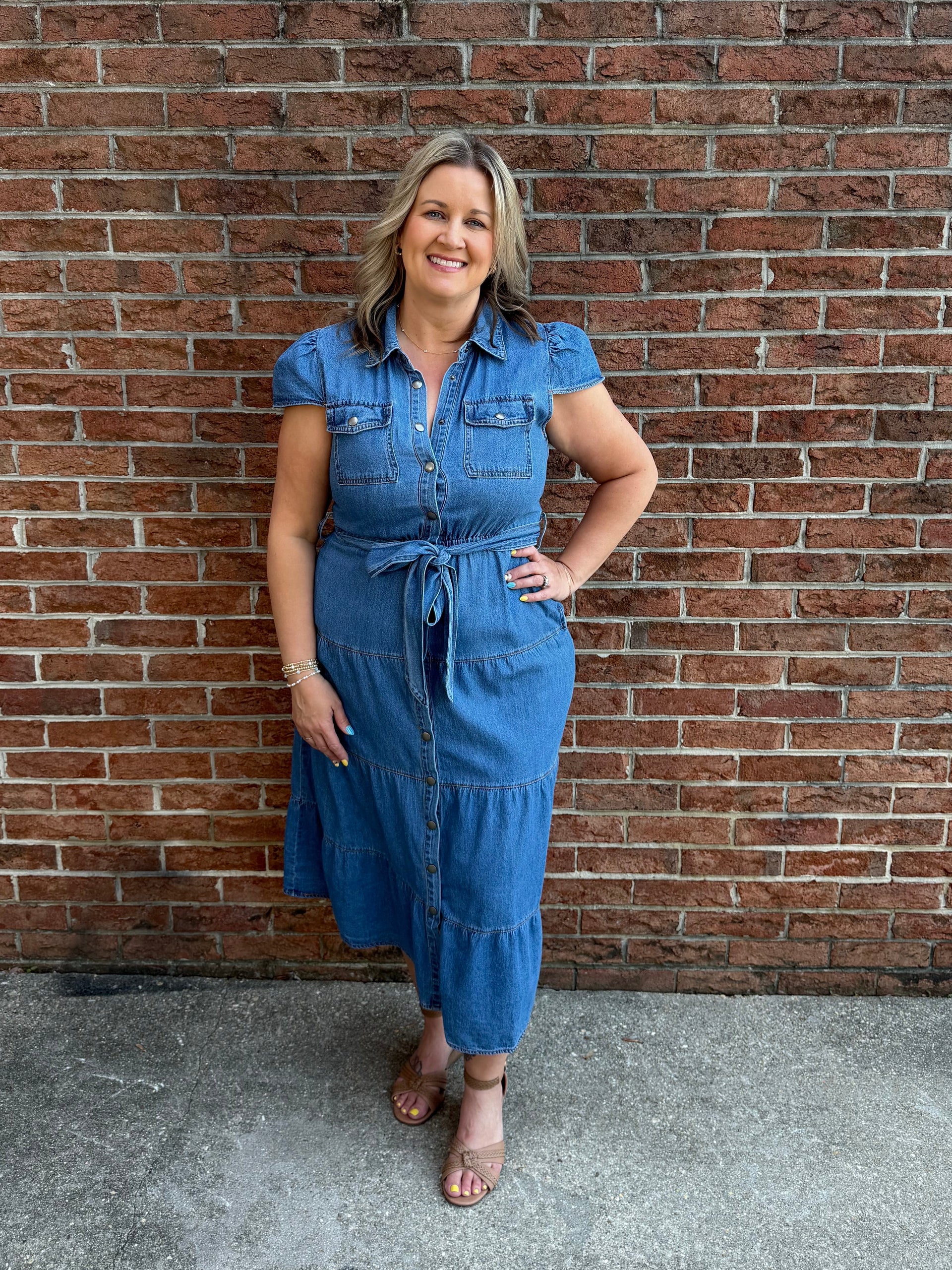 denim tiered midi dress Belted Button-Up Tiered Denim Midi Dress Medium